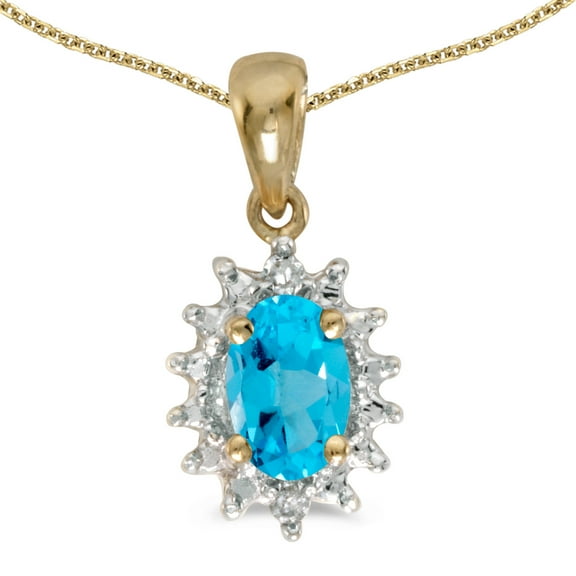 14k Yellow Gold Oval Blue Topaz And Diamond Pendant with 18" Chain