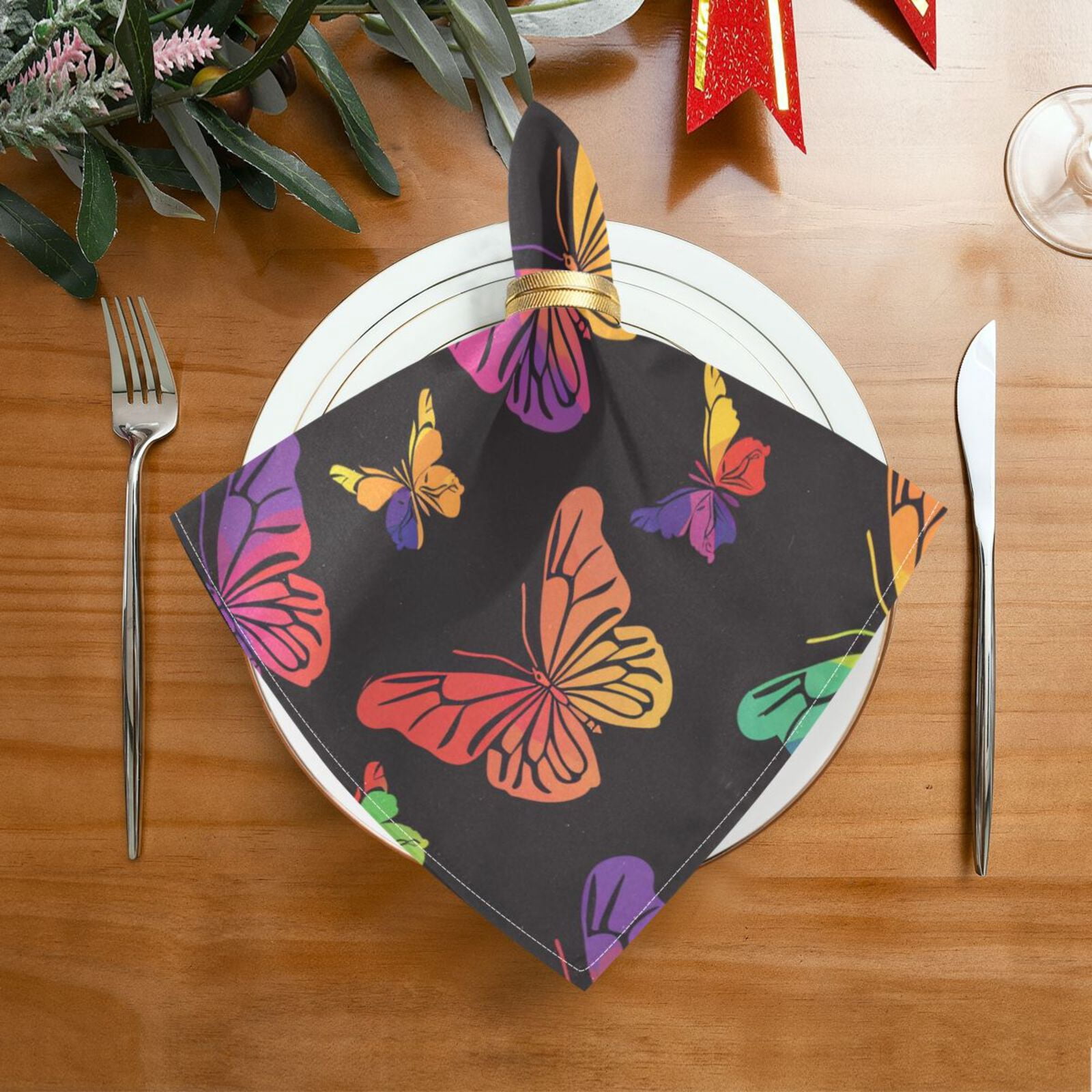 JSTEL Butterfly Print Rainbow Color Cloth Napkins Set of 6, 20x20 Inch Washable and Reusable Napkin for Decoupage Dinner Party Everyday Use
