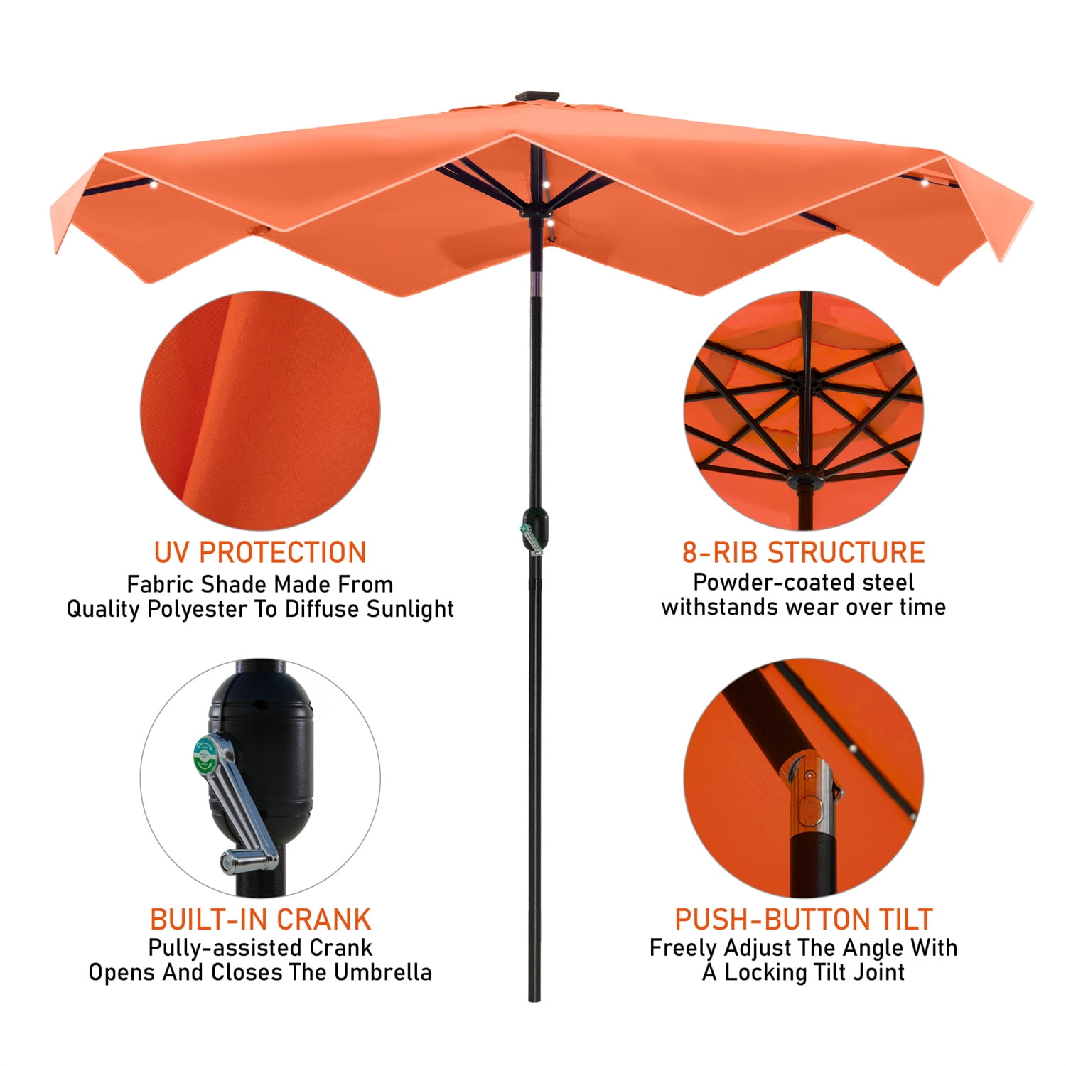 Summit Living 10FT Solar LED Outdoor Market Patio Umbrella With Easy Tilt Adjustment, Orange