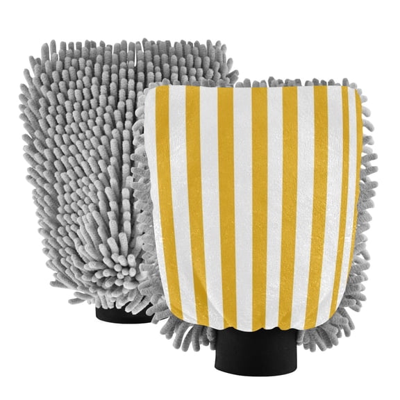 Microfiber Car Wash Gloves With Chenille & Polyester Terry Scratch-Free Cleaning Elastic Cuffs Yellow and White Stripes