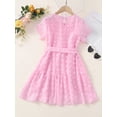 thumbnail image 2 of Little Girls Clothes Jacquard Flower Round Neck Short Sleeve Dress with Belt Fall Winter Big Kids Clothes, 2 of 5