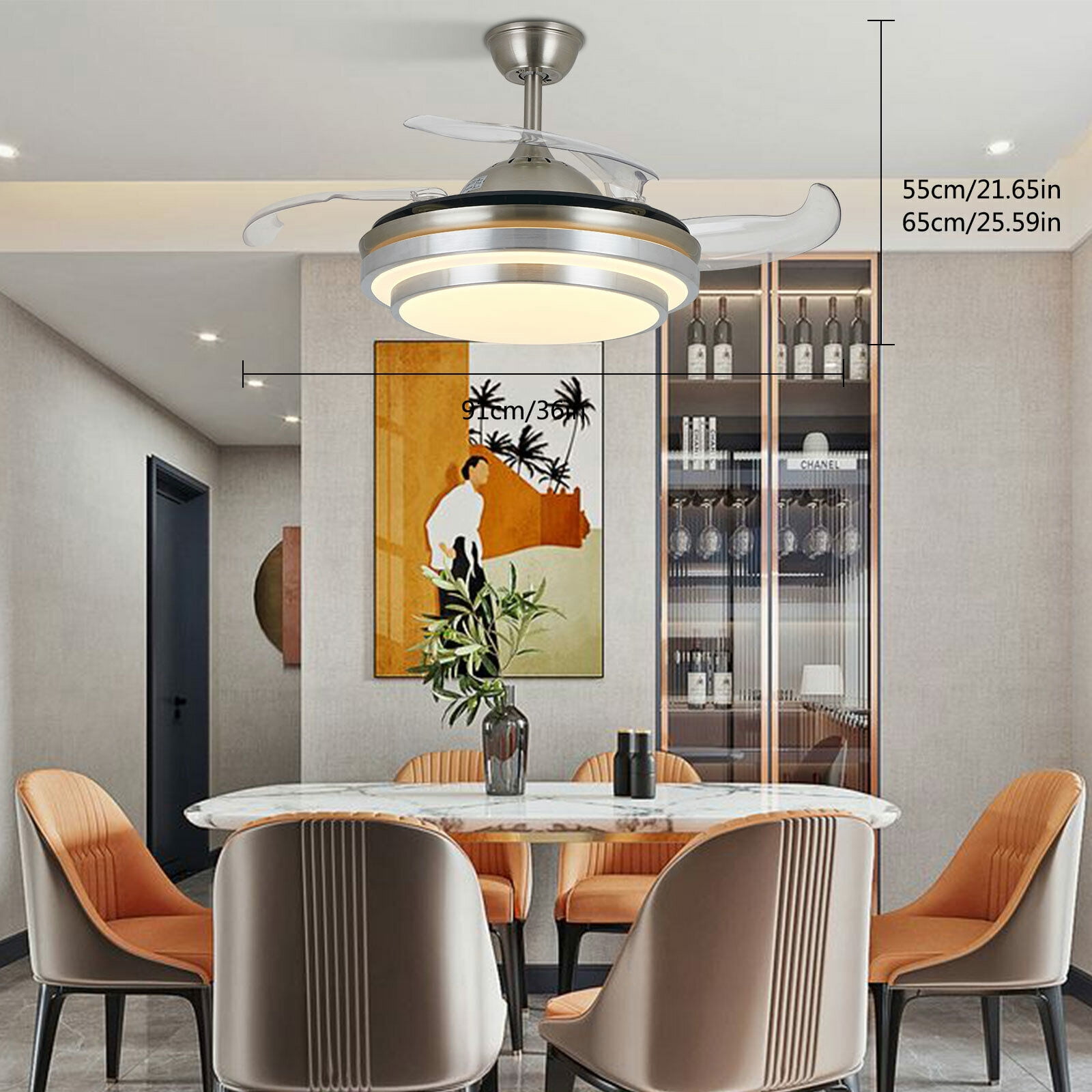 36" Inch Dimmable Ceiling Fan Light Chandelier + LED Retractable Blades