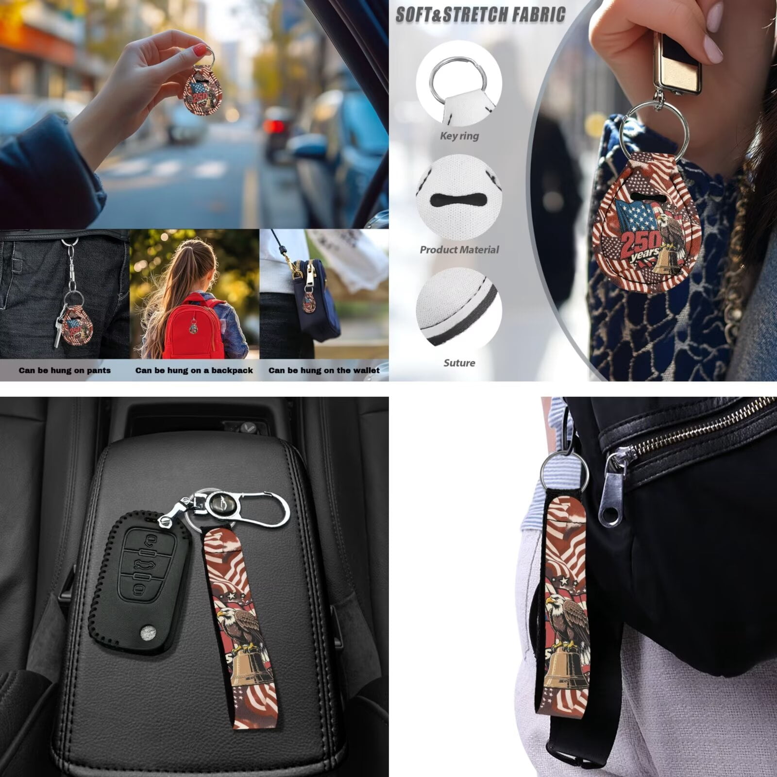 Jeiento 250th Anniversary Car Seat Covers Front Rear Split Bench Full Set Steering Wheel Seat Belt Pads American Eagle Armrest Pad Flag Coasters Key Chain, 13 PCS Auto Interior Accessories