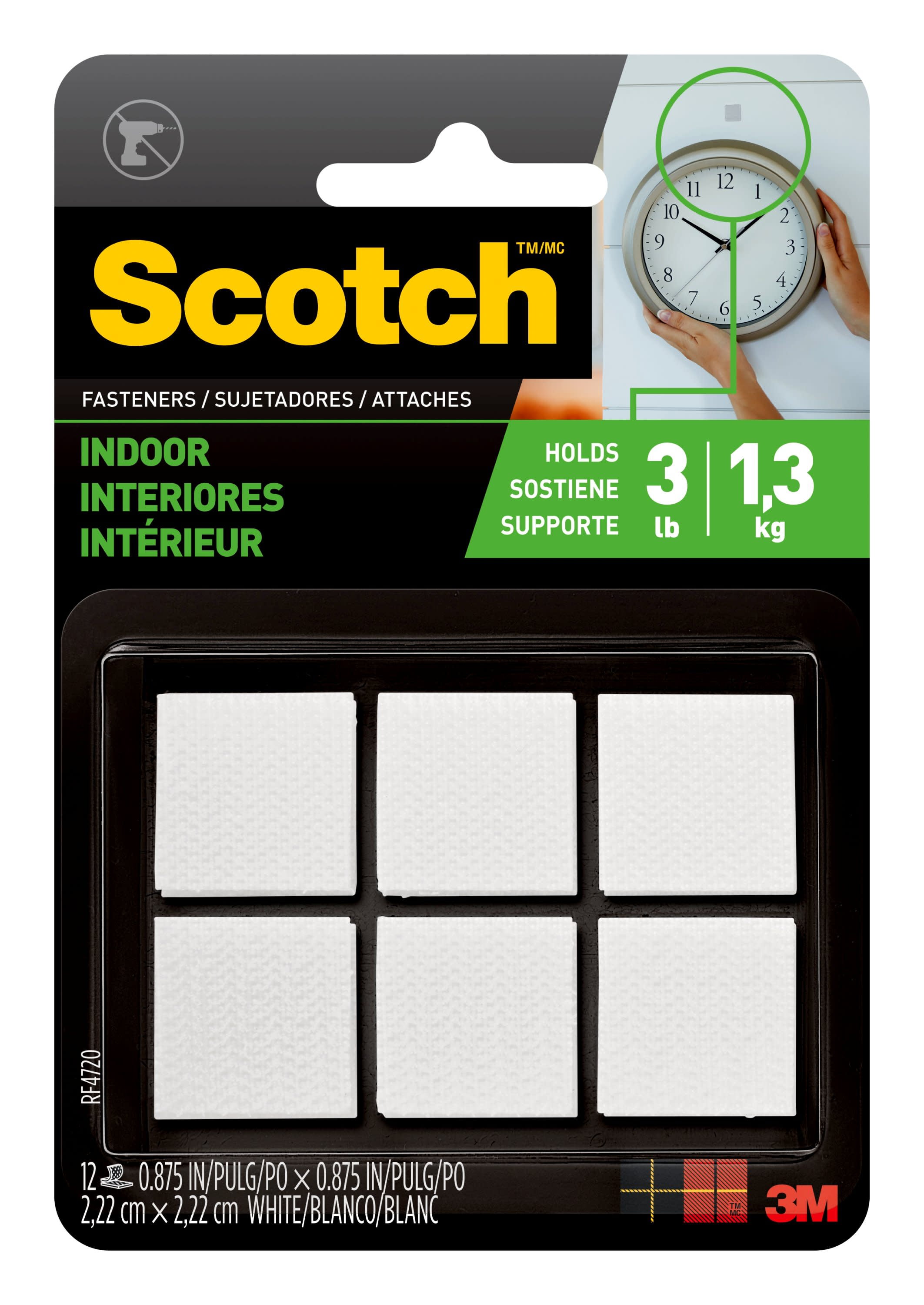 Scotch Indoor Fasteners, 7/8 x 7/8 in, White, 12 Sets of Squares