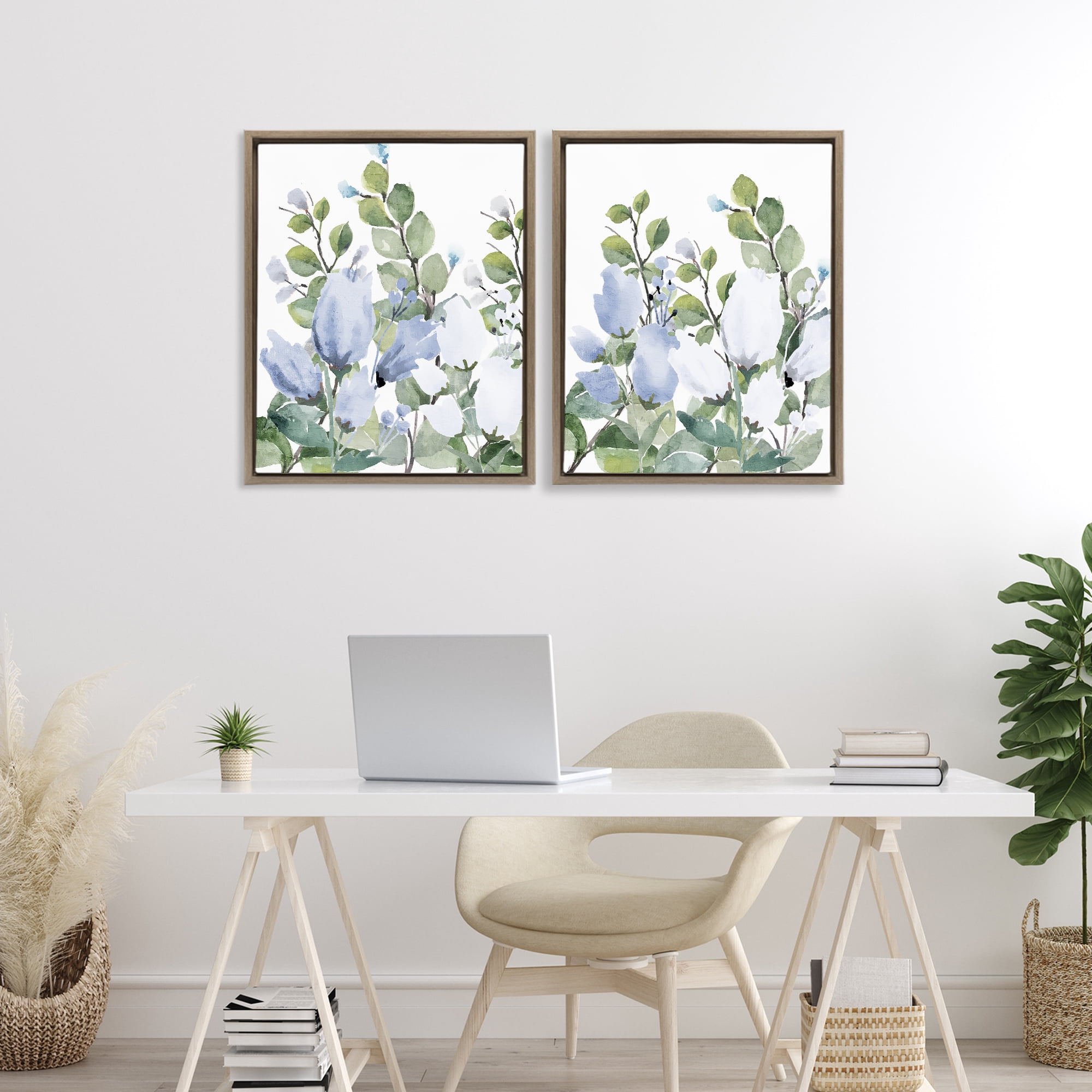 Stupell Industries Blue Spring Watercolors 2 Piece Brown Framed Floater Canvas Set, design by Kim Allen