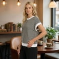 thumbnail image 3 of Gingprous Women's Striped Short Sleeve Sweater, Cap Sleeve Crew Neck Knit Top Pullover for Spring Summer, 3 of 8