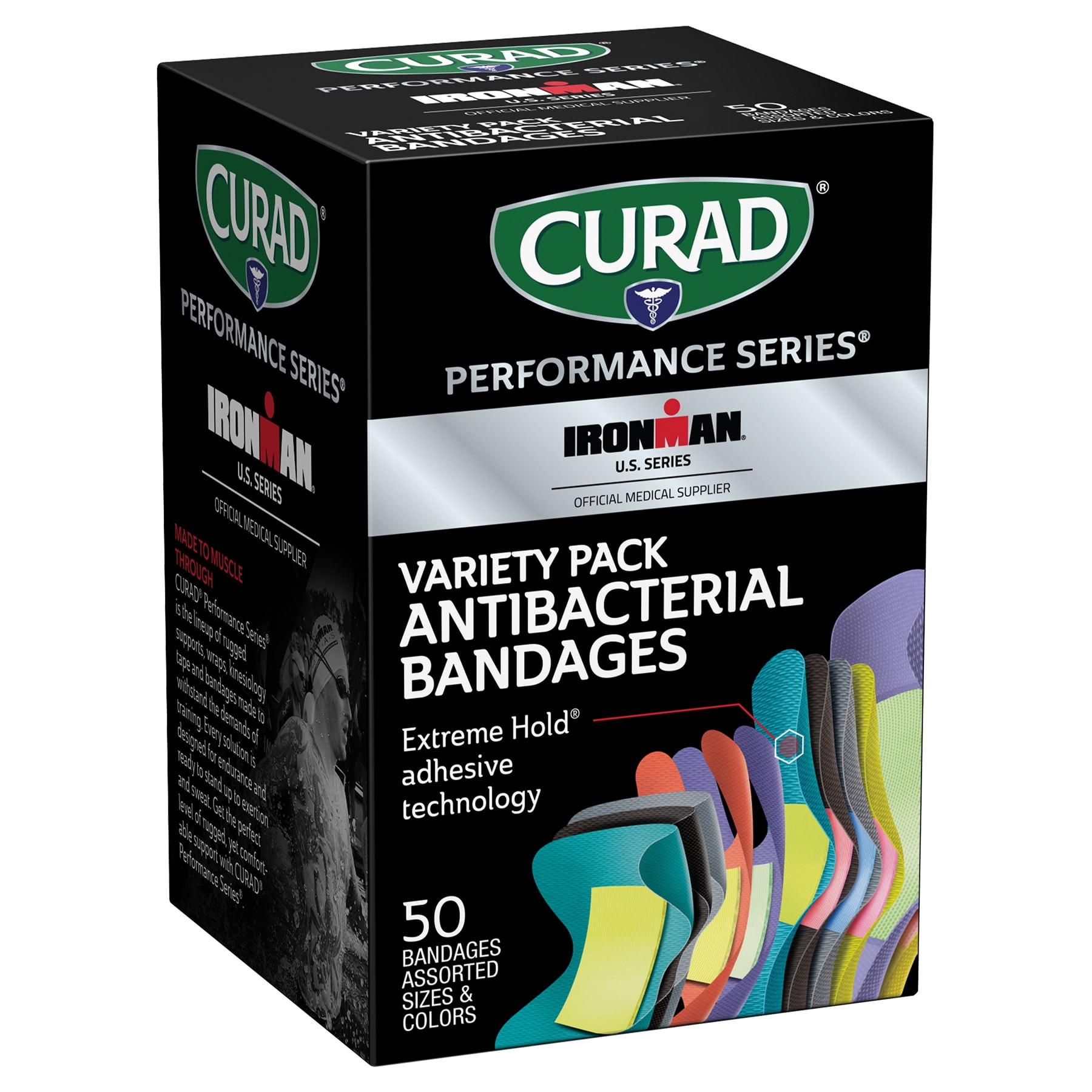Curad Performance Series Ironman Antibacterial Bandages, Extreme Hold Adhesive Technology, Assorted Variety Pack , Includes Finger & Knuckle Fabric Bandages, 50 Count