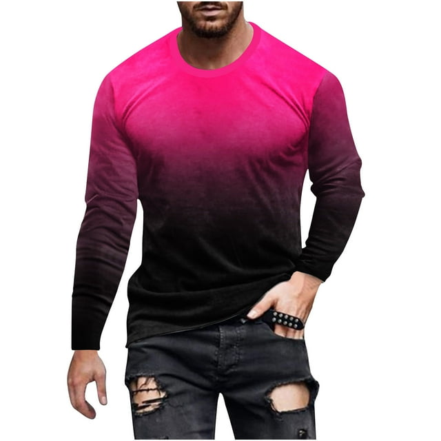Besolor Chemises à Manches Longues pour les Hommes à la Mode Gradient Col Rond Pull Tops Décontractés Grande Taille d'Entraînement Chemisier