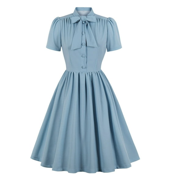IBTOM CASTLE Women Vintage V Neck Ruffle Swing Dress 50s 60s Button up Rockabilly Prom Cocktail Party Midi Evening Dress S Light Blue - Bowknot