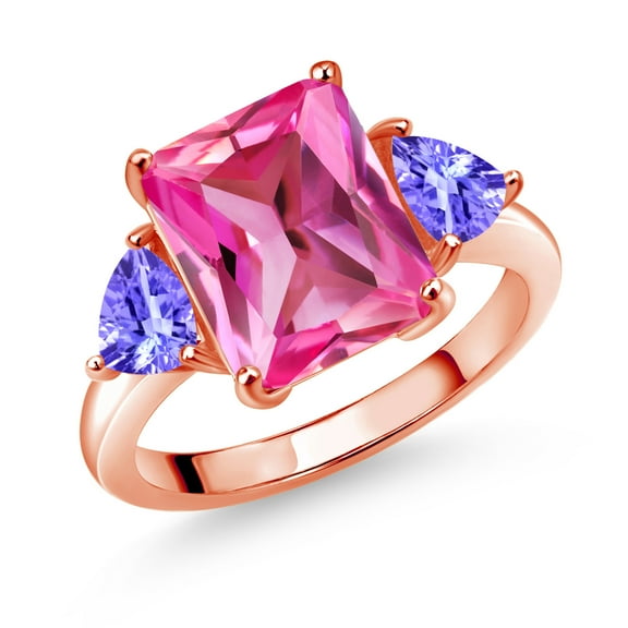 Gem Stone King 18K Rose Gold Plated Silver Pink Created Sapphire and Blue Tanzanite 3 Stone Ring for Women (7.4 Cttw, Octagon 12X10MM, Trillion 5X5MM, Gemstone September Birthstone, Size 9)