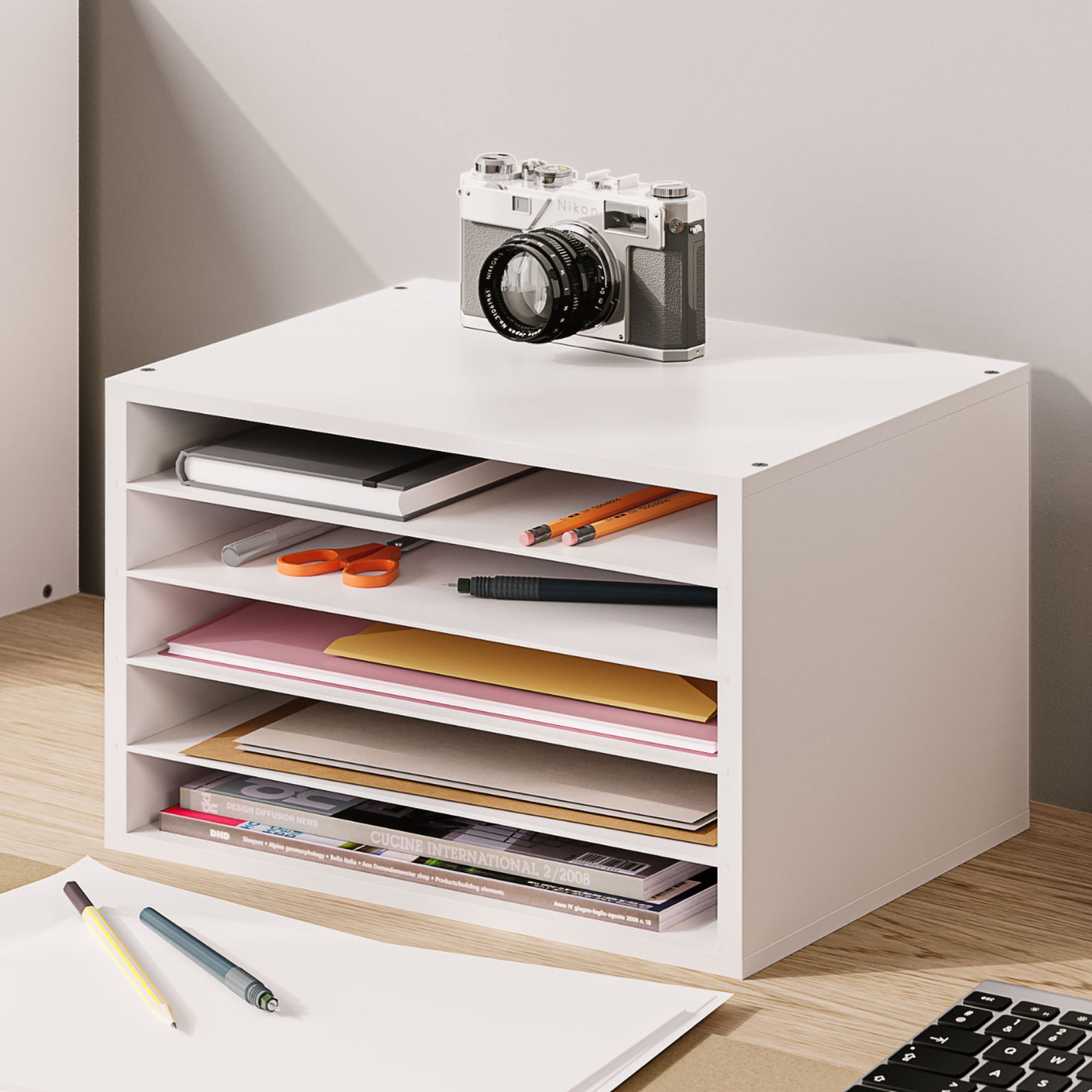 Ballucci 5 Tier Paper Organizer Letter Tray, Wood Desk File Organizer with Adjustable Shelves, Home Office School Letter/A4 Mail Sorter Magazine Holder - White
