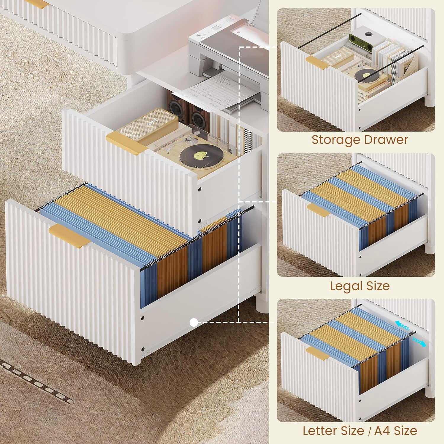 SEDETA Office Desk with 4 Storage Drawers, 59" Fluted Wood Gaming Computer Desk with LED Lights and Power Strip, Modern Writing Desk Study Table for Home Office, Living Room, Bedroom, White