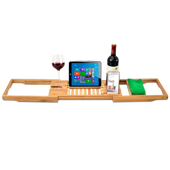 Expandable Bamboo Bathtub Tray Wood Bath Tray with Book and Wine Holder