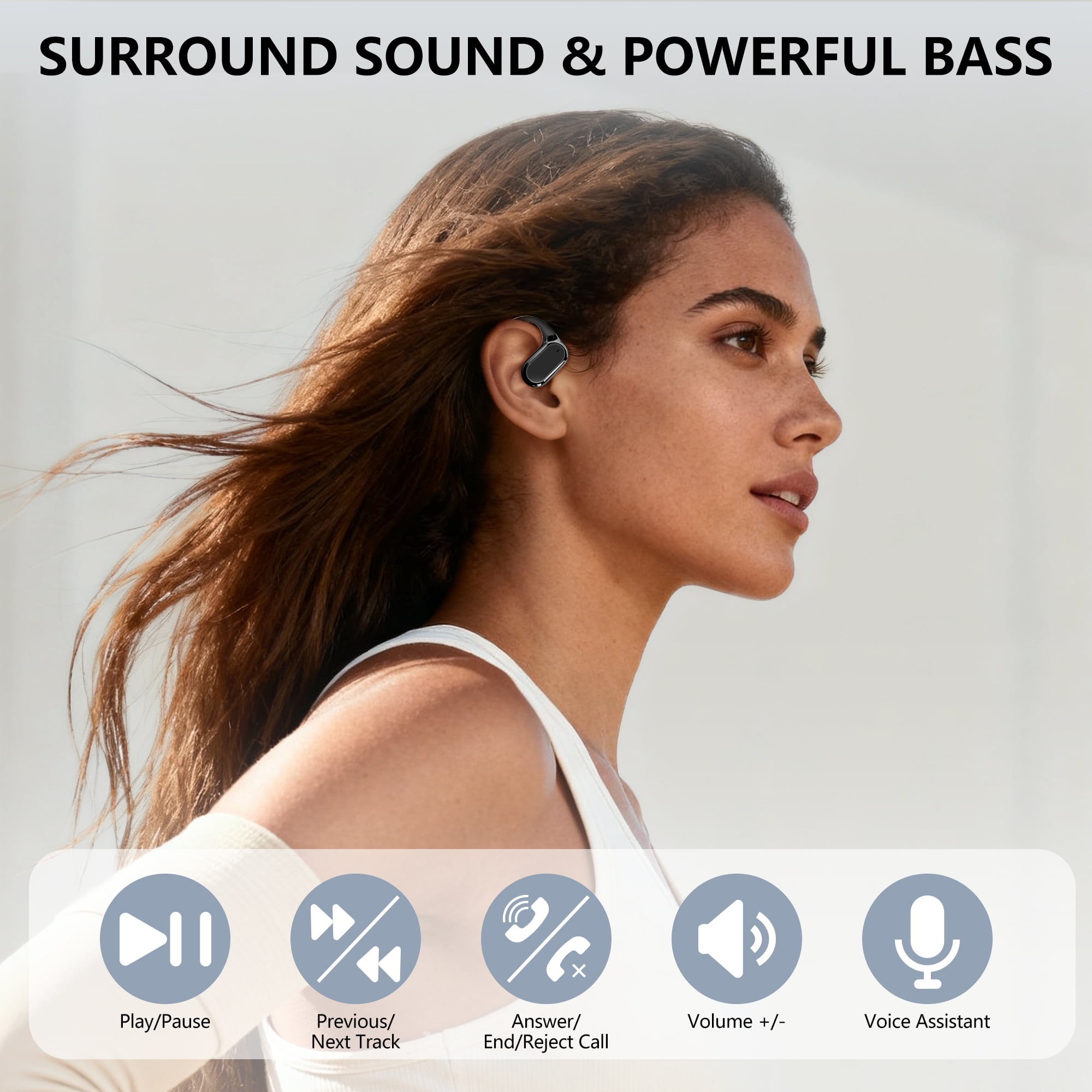 True Wireless Stereo Earphone, Open Ear Touch Control Bluetooth Headphone with Earhook, Type-C Charging Earphone for Meeting/Travel/Video/Game, Black
