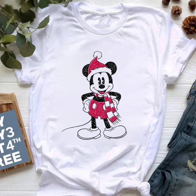 Camiseta de Feliz Navidad para mujer, camiseta de manga corta con estampado de Mickey de estética Harajuku, ropa Y2k para mujer, Tops 2024