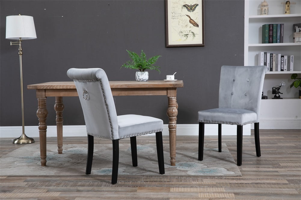 Lowestbest Velvet Fabric Home Chair, Dressing Stool Two Sets, Rubber Wood Legs Cushion Raw Cotton, Silver Gray