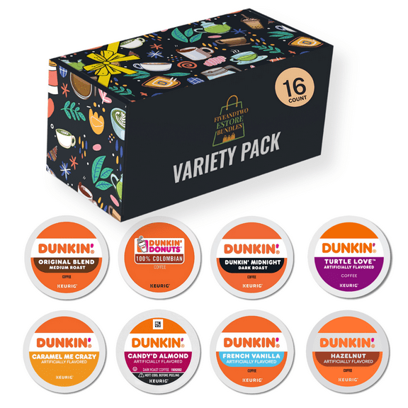 Dunkin K Pods Variety Pack – Original, 100% Colombian, Midnight Dark Roast, Cinnamania, Caramel Me Crazy, Candy’d Almond, French Vanilla, Hazelnut – 16pcs 8 Flavors Coffee Gift Box, Keurig Compatible