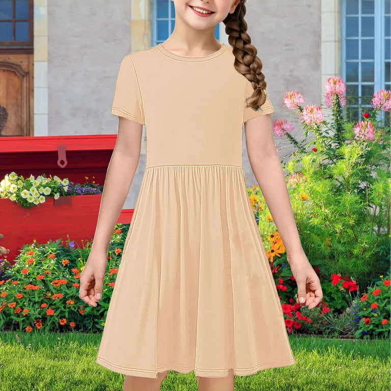 Girls Short Sleeve Midi Dress, Summer Casual a Line Flowy Skater Solid  Color Dresses Child Tight Dress Beige 7Y - Walmart.com