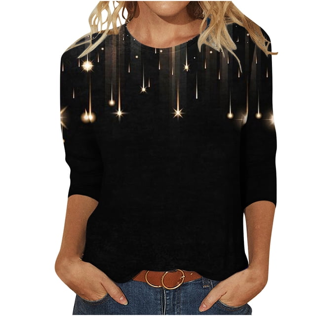 Hauts à Manches 3/4 pour Femmes Hauts à Manches 3/4 pour Femmes T-Shirts Graphiques à Rayures Pailletées T-Shirts Décontractés à Col Ras du Cou Blouses Amples Chic pour Porter avec des Leggings Commandes Placées par Moi