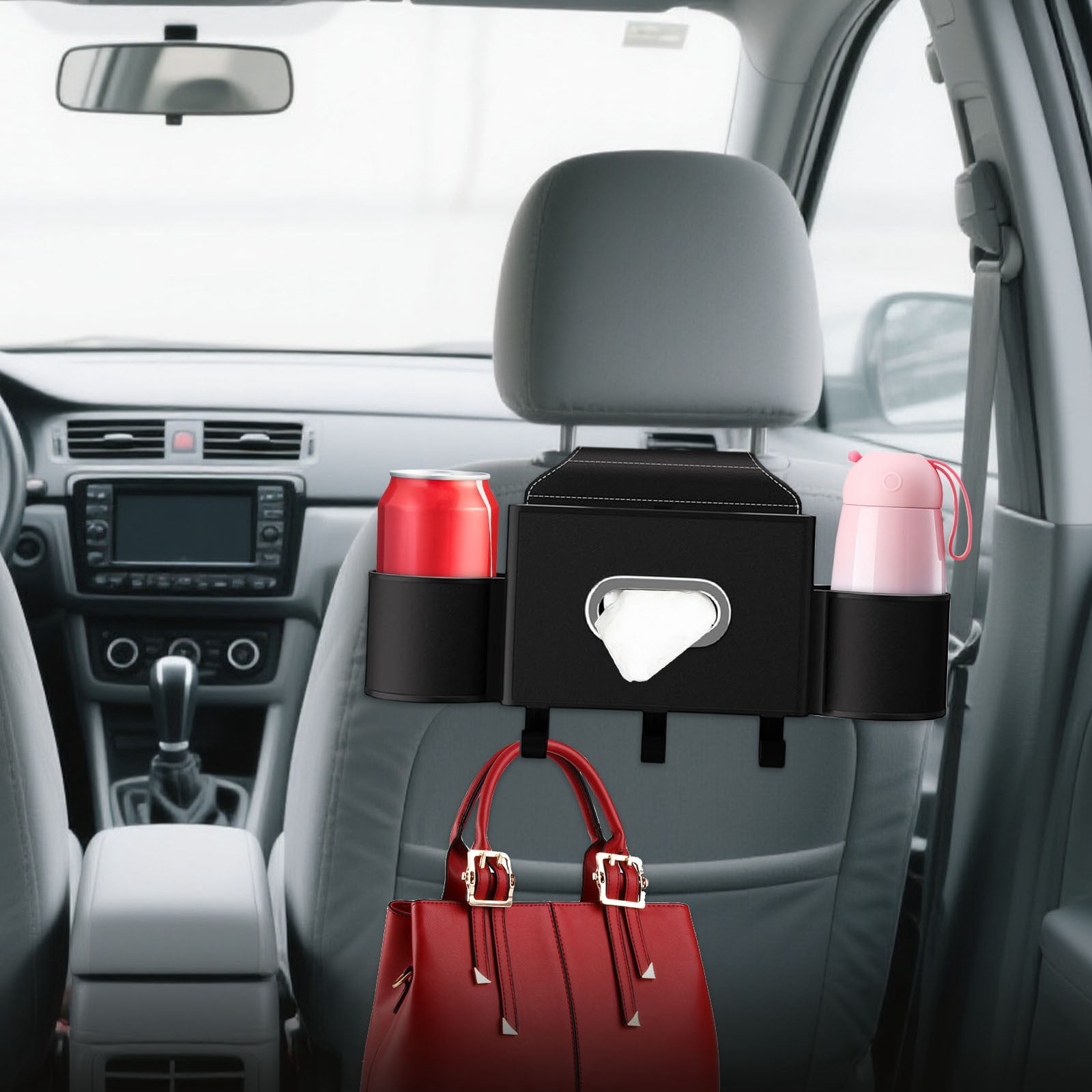 COM1950s Car Seat Organizer with Cup Holders, Backseat Storage Multi-Function Pocket for Tissues, Adjustable Straps for SUV and Vehicle Interior Accessories