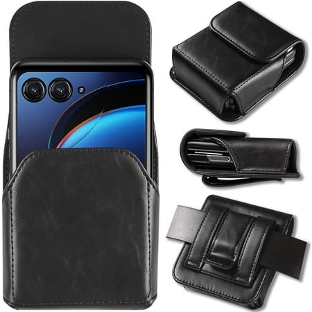 Frusde for Samsung Galaxy Z Flip 5 / Z Flip 4 /Z Flip 3 Leather Phone Holster with Belt Clip Pouch Waist Bag for Motorola Razr-Black
