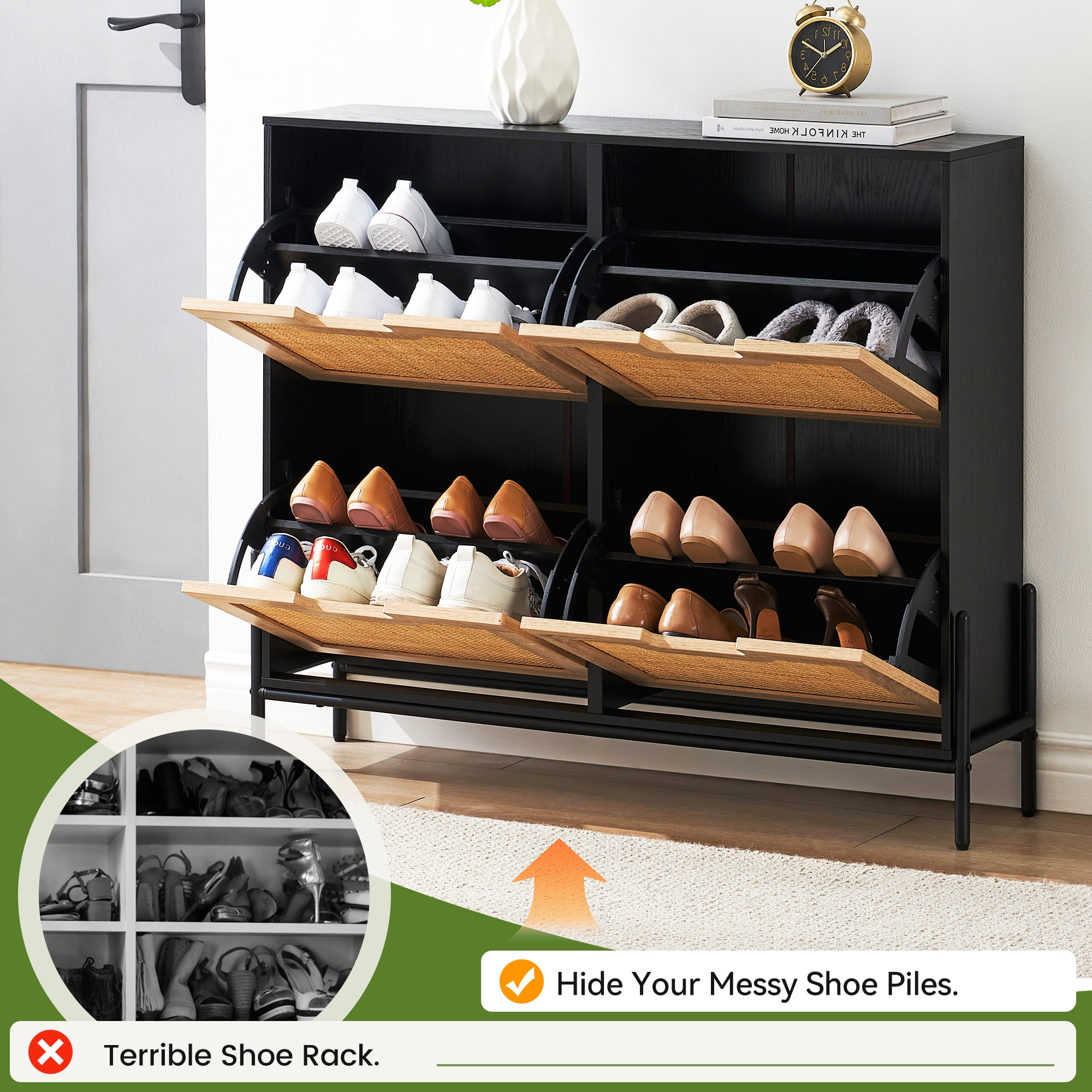 WizMax Rattan Entryway Shoe Cabinet, Shoe Storage Organizer with Hidden  Drawers and Open Shelves, Shoe Rack Storage Cabinet for Entryway, Entrance