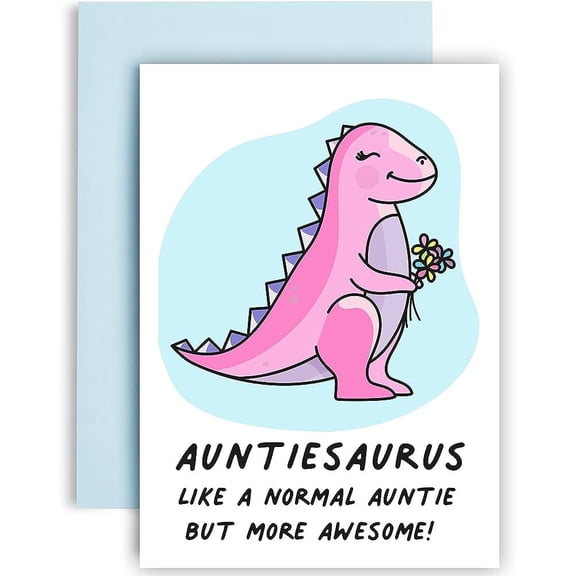 Auntiesaurus Greeting Card – Cute Pink Dinosaur Design – Perfect for Awesome Auntie Birthday or Just Because – Includes Envelope, Blank Inside for Personal Messages