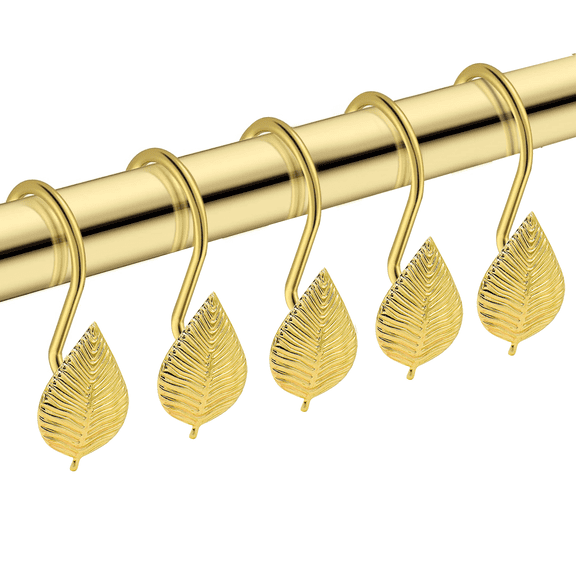 12 Pack Gold Leaf Shower Curtain Hooks, Decorative Stainless Steel Curtain Rings for Bathroom & Kitchen