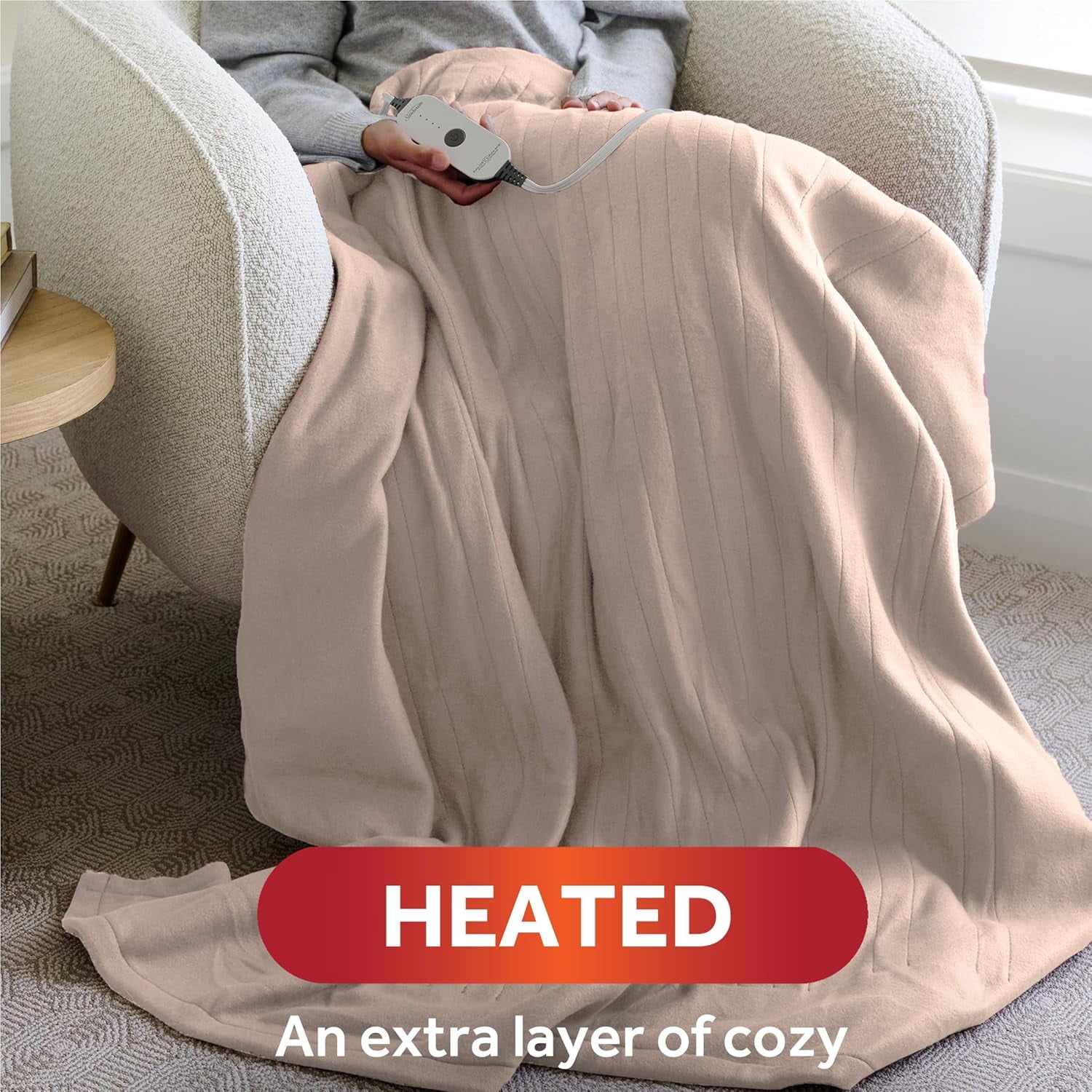 Sunbeam Royal Posh Ribbed Champagne Heated Personal Throw Blanket Adjustable
