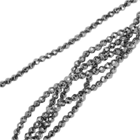 Hematite Gemstone Beads, Faceted Round 2mm, 6 Inch Strand, Bright Rhodium