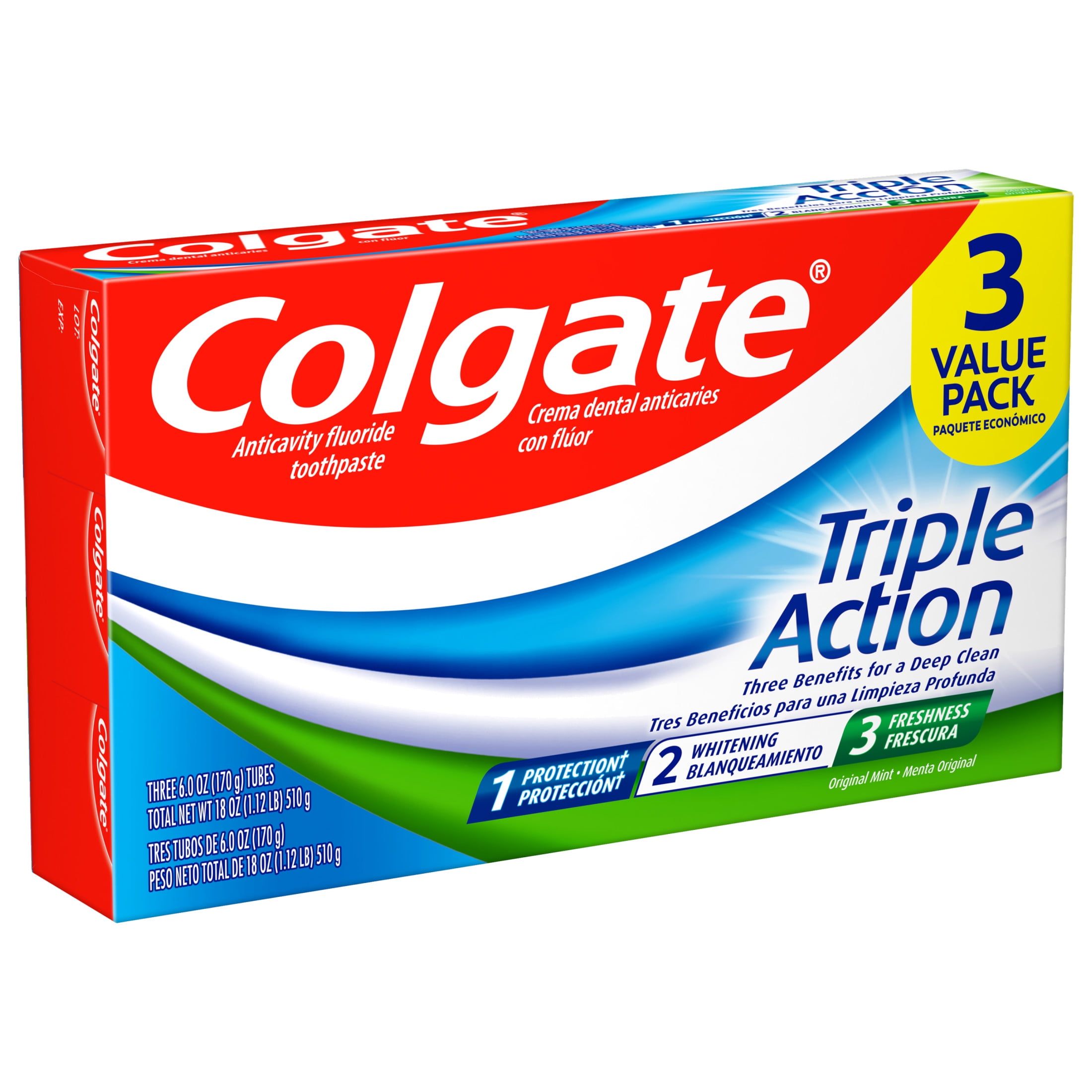 Colgate Triple Action Pasta de Dientes Menta Original, 6 oz, Paquete de 3 Colgate Triple Action Pasta de Dientes Menta Original, 6 oz, Paquete de 3