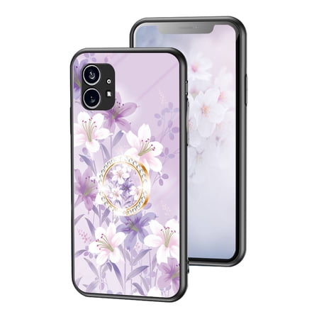 Dteck Compatible with Nothing Phone 1 Case with Ring Holder Kickstand Women Girls Never Faded Floral Phone Cases Soft TPU Shockproof Protective Cover for Nothing Phone 1 2022 Purple Flower
