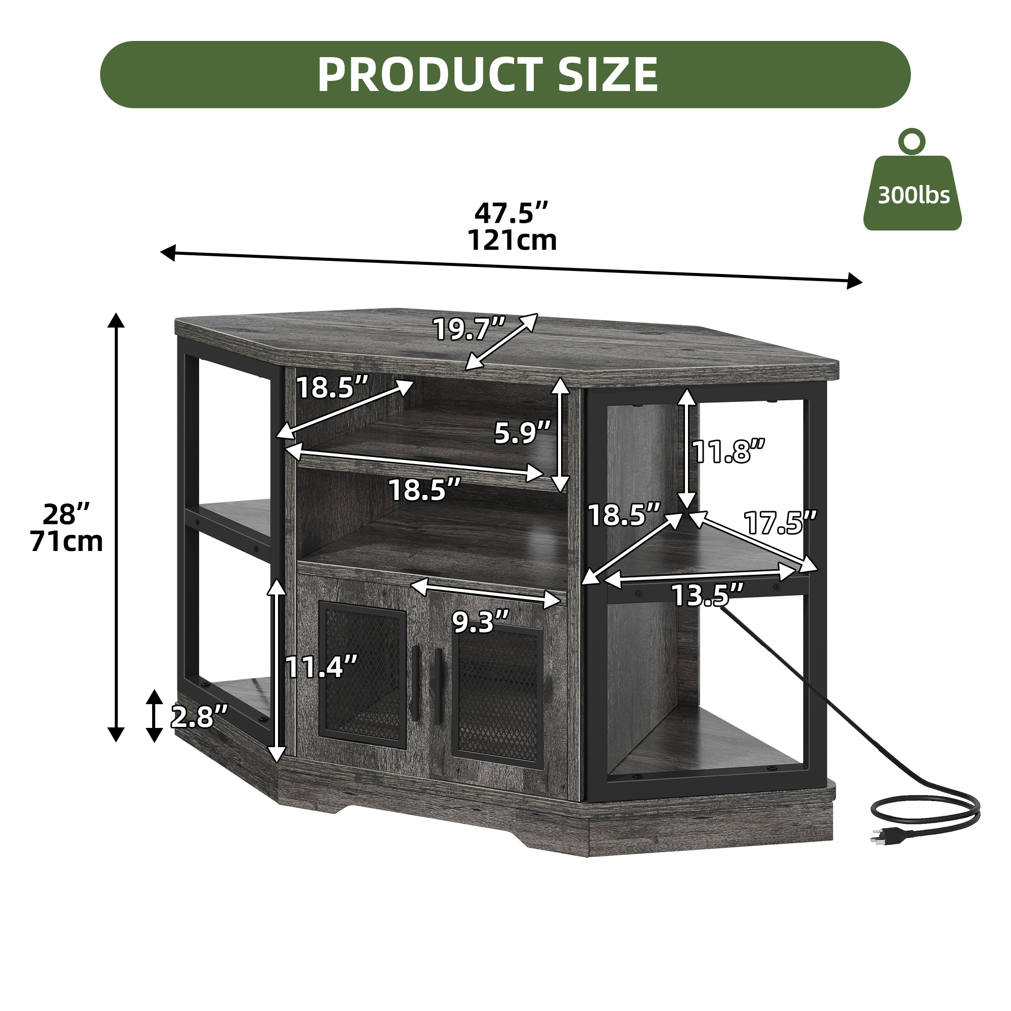 Uforic Modern Corner TV Stand with Adjustable Layer Board, Double Door Mesh Cabinet & 96-Hole Metal Handle, with 2 Outlets 2 USB Ports Power Socket, Gray
