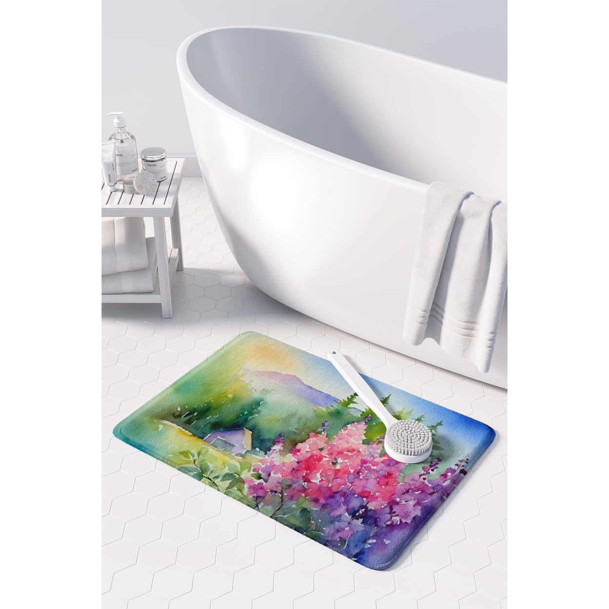 Idaho Syringa in Watercolor Memory Foam Kitchen Mat 27 in x 19 in