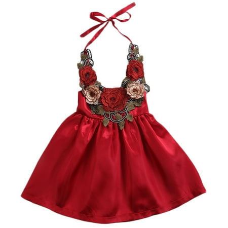 

Seyurigaoka Kids Baby Girls Sleeveless Dress Deep U-neck Halter Lace Flowers Dress