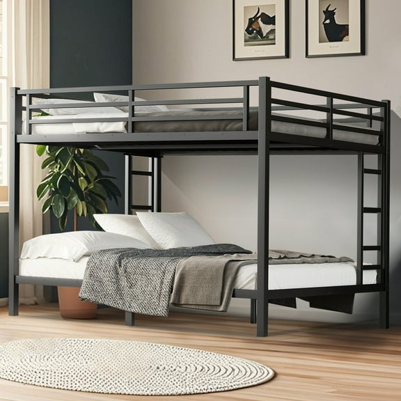 Bunk Bed Full XL Over Queen, Heavy Duty Metal Bunk Bed Frame, Queen bunk Bed for Adults, Adult bunk beds Heavy Duty, Queen Bunk Bed, Black