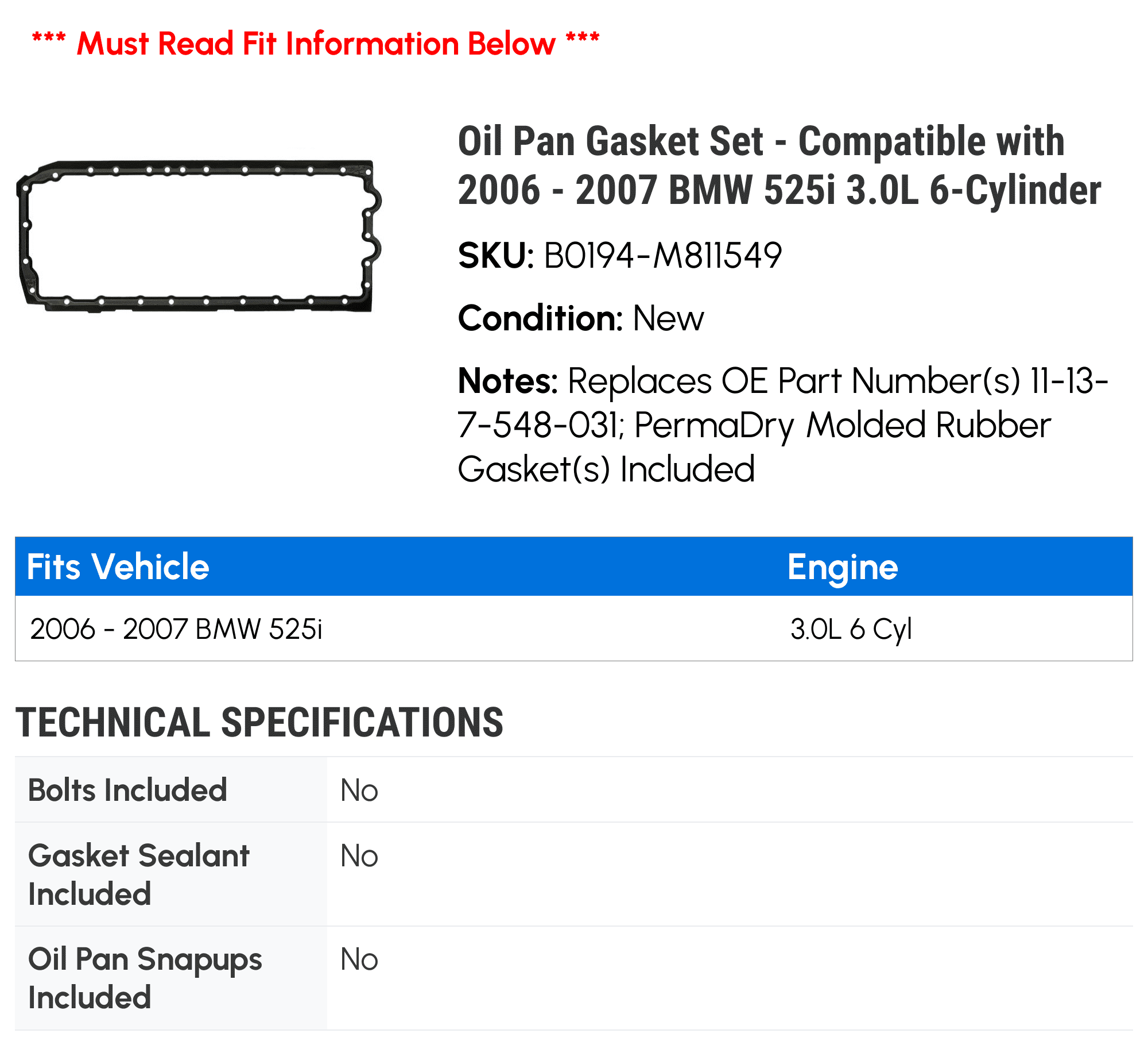 Oil Pan Gasket Set Compatible with 2006 2007 BMW 525i 3.0L 6-Cylinder 