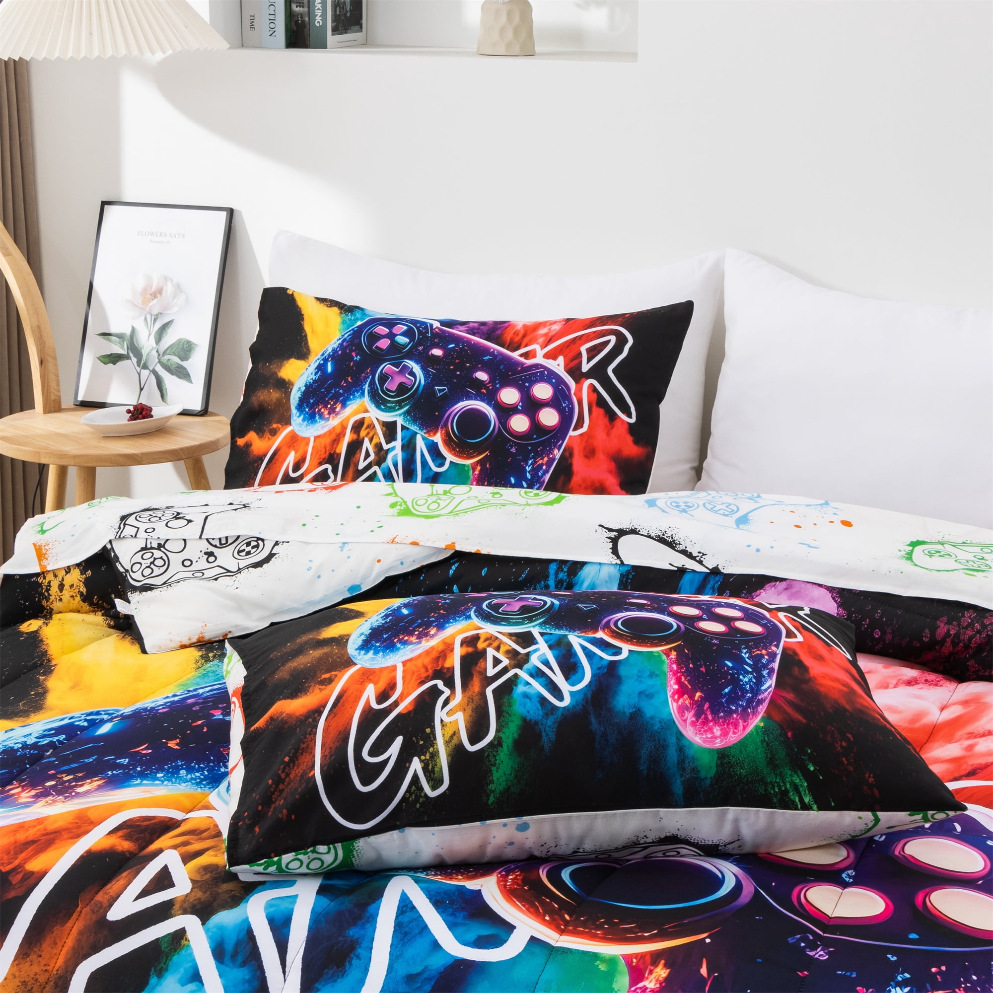 Btargot 3-piece Gamer Gaming Twin Comforter Set for Boys Colorful Gamepad Soft Bedding Set