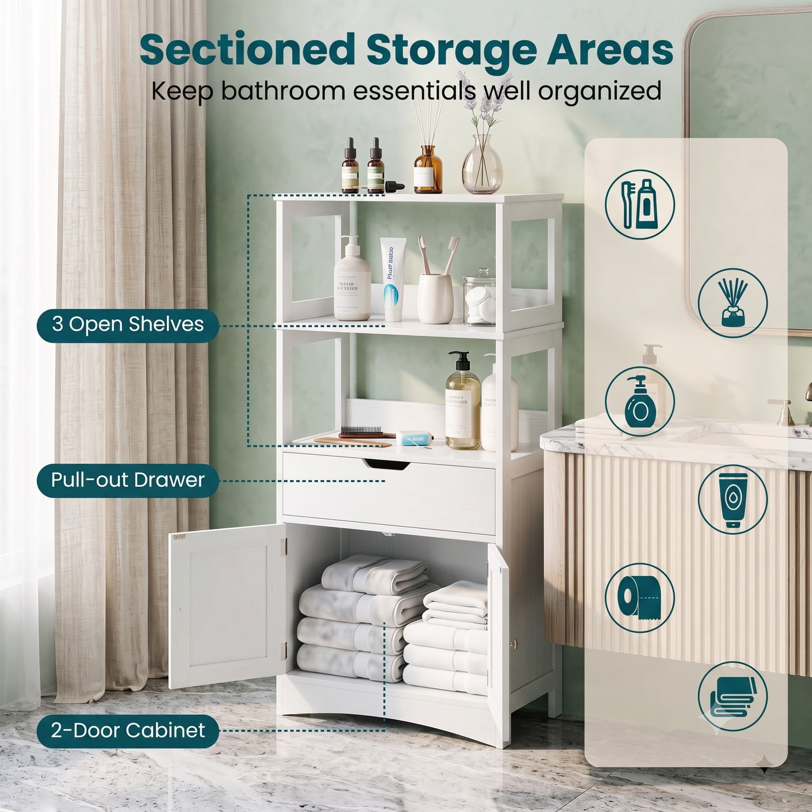 ALPULON Bathroom Storage Cabinet with Drawer and Shelf, Freestanding Floor Cabinet, Waterproof MDF Organizer for Bathroom Bedroom Living Room Entryway, Anti-Tip, White