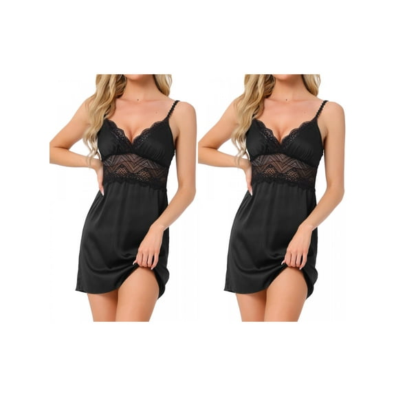 NOMADIC NOOK Women 2Pack Satin Lingerie Silky Sexy Nightgowns Lace Babydoll Slip Nightie Bridal Chemise Pajama Dress 2 Pack Black X-Small