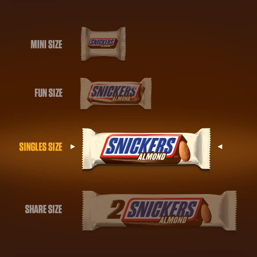 Snickers Candy Almond Milk Chocolate Bars Bulk Pack, 1.76 Oz Bars (Pack Of 24)