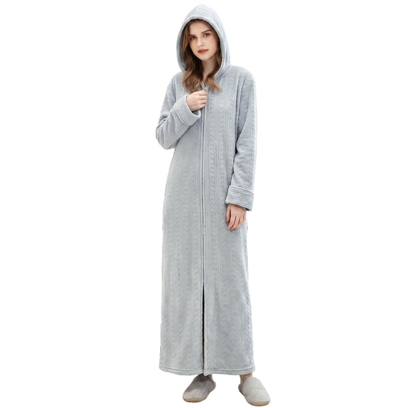 Robes for Women, LOFIR Womens Hooded Plush Robe Zip up Front Long Fleece Bathobe for Women with Pocket, House Coat Moomoo Nightgowns Loungewear Sleepwear for Elderly Women Gift, (S/M, Light Gray)