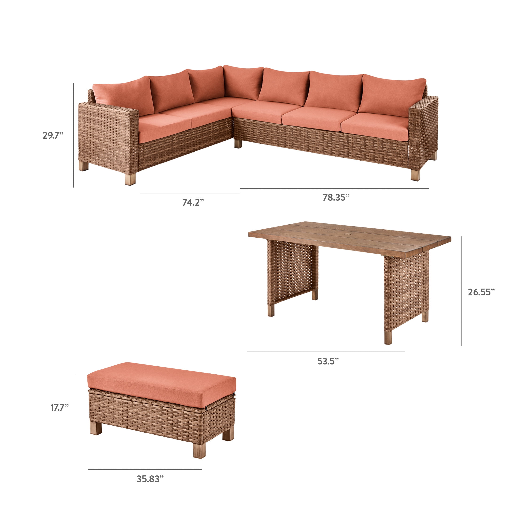 Better Homes & Gardens Brookbury 4-Piece Outdoor Wicker Patio Sectional Dining Set, Terracotta Cushions