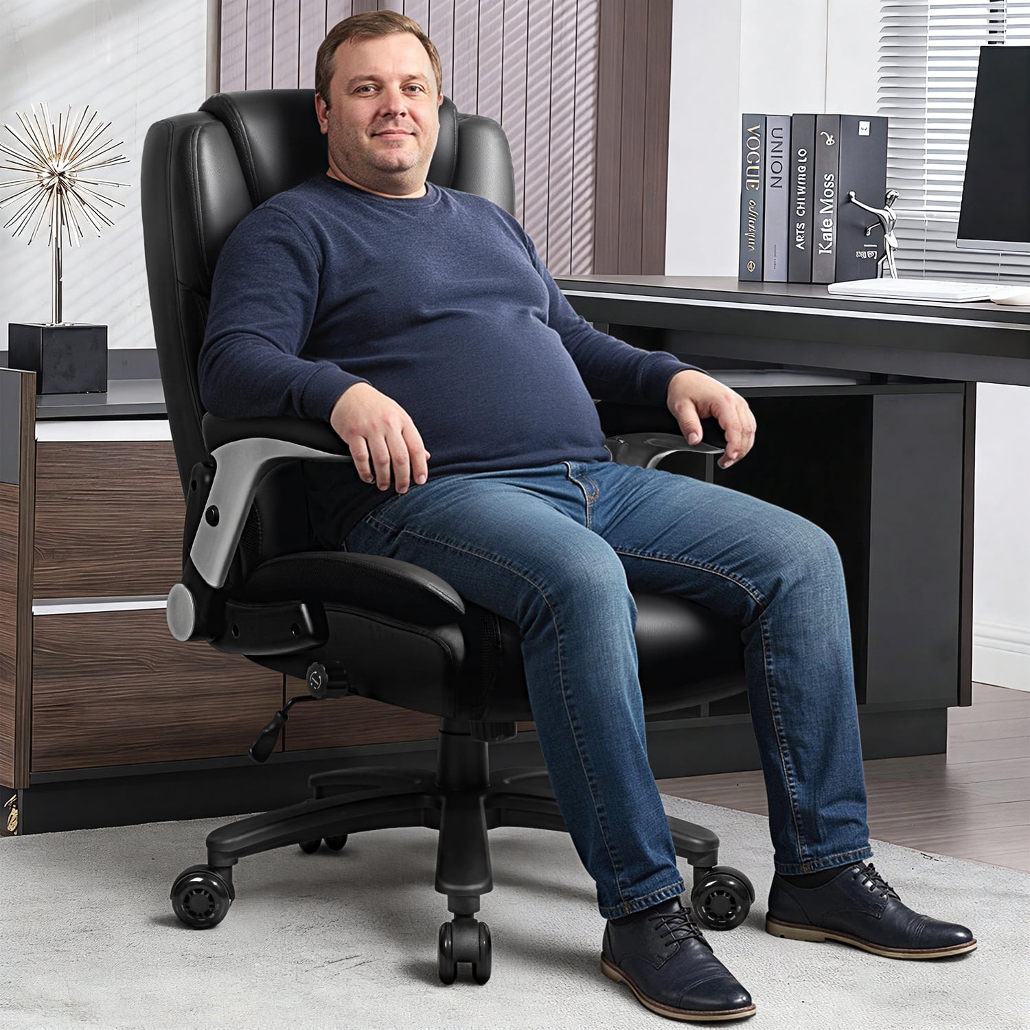Waleaf Big and Tall Executive Office Chair 500lbs with Flip-up Arms & Adjustable Lumbar Support,Heavy Duty High Back Computer Chair for Adults