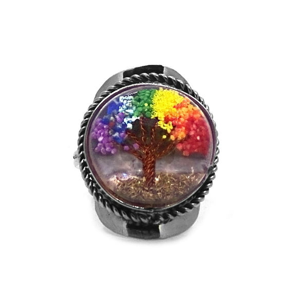 Rainbow Tree of Life Round Acrylic Chip Stone Inlay Silver Metal Rope Edge Adjustable Ring - Womens Fashion Handmade Jewelry Boho Accessories