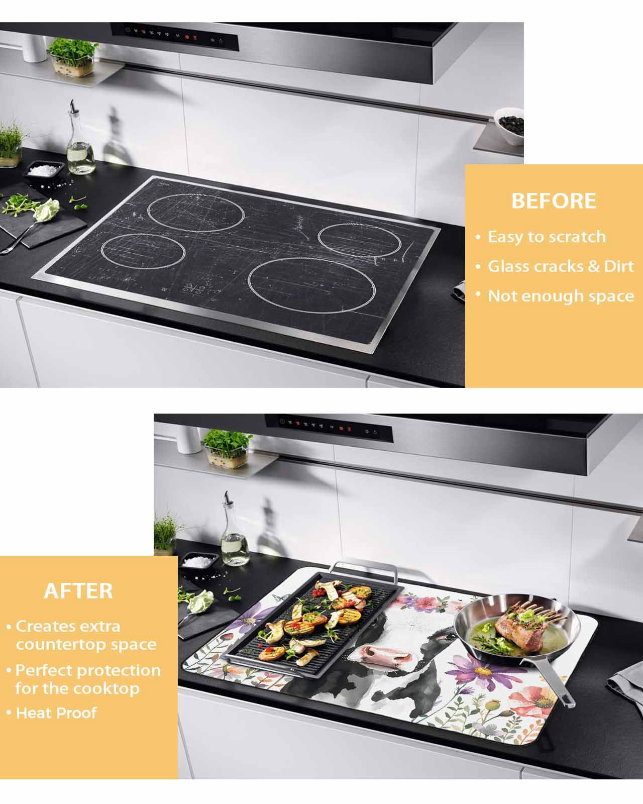 nqOlkjepod Large Induction Cooktop Protector Mat 24"x21", Flowers Cow Stove Top Covers for Electric Stove, Spring Botanical Floral Plants Butterfly Stove Burner Cover Mats, Glass Top Stove Cover