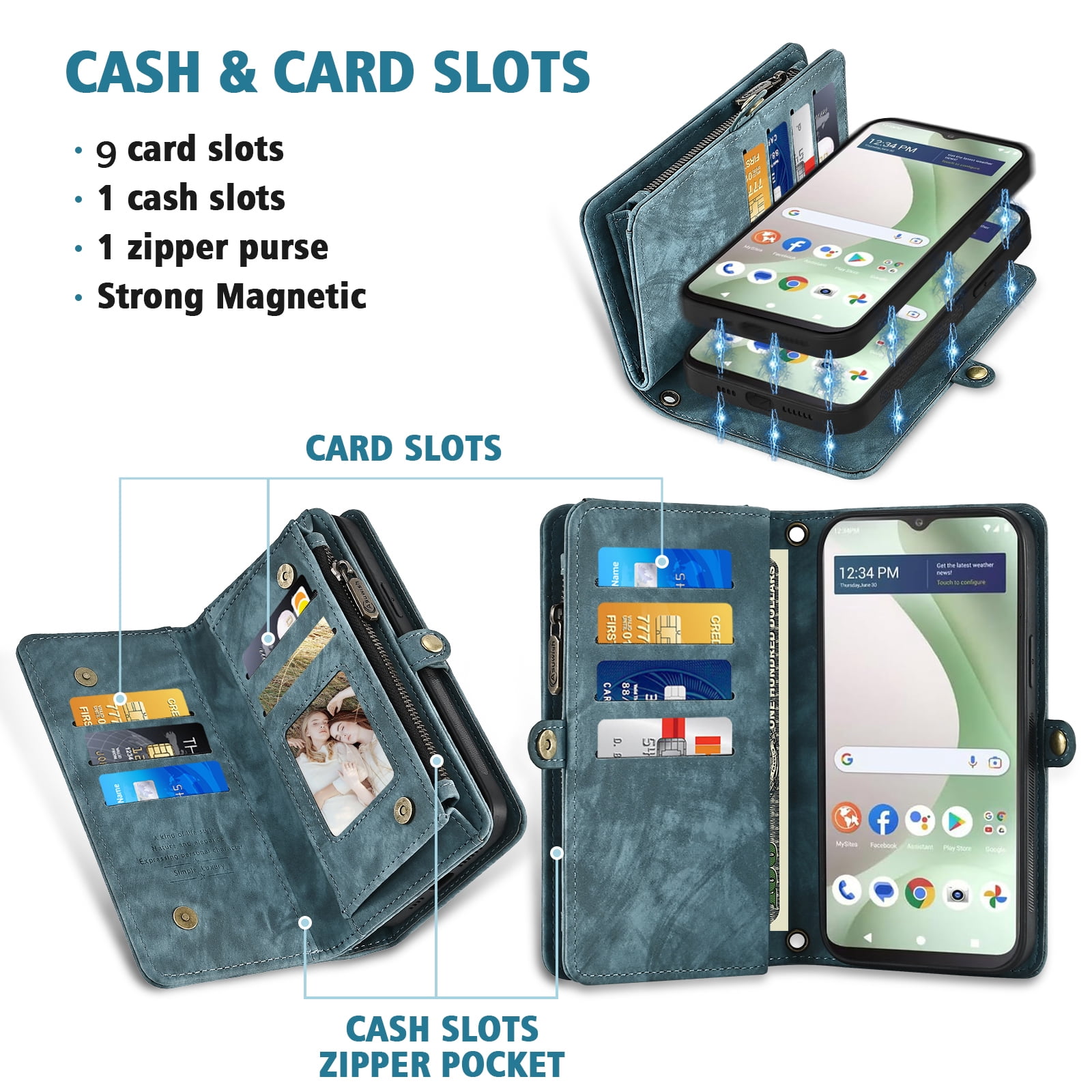 Asuwish Phone Case for Tracfone BLU View 5 B160V Zipper Wallet Detachable Cell Cover with Tempered Glass Screen Protector Crossbody Strap Flip Card Holder Trac Fone BLUE View5 160V 2024 Women Blue