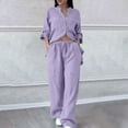 thumbnail image 7 of Two Piece Plus Size Sets for Women Fall Solid Color Retro Classic Wersatile Casual Cotton Linen Shirt Drawstring Wide Leg Pants Set Long Sleeved Round Neck Top/Shirt Set, 7 of 7