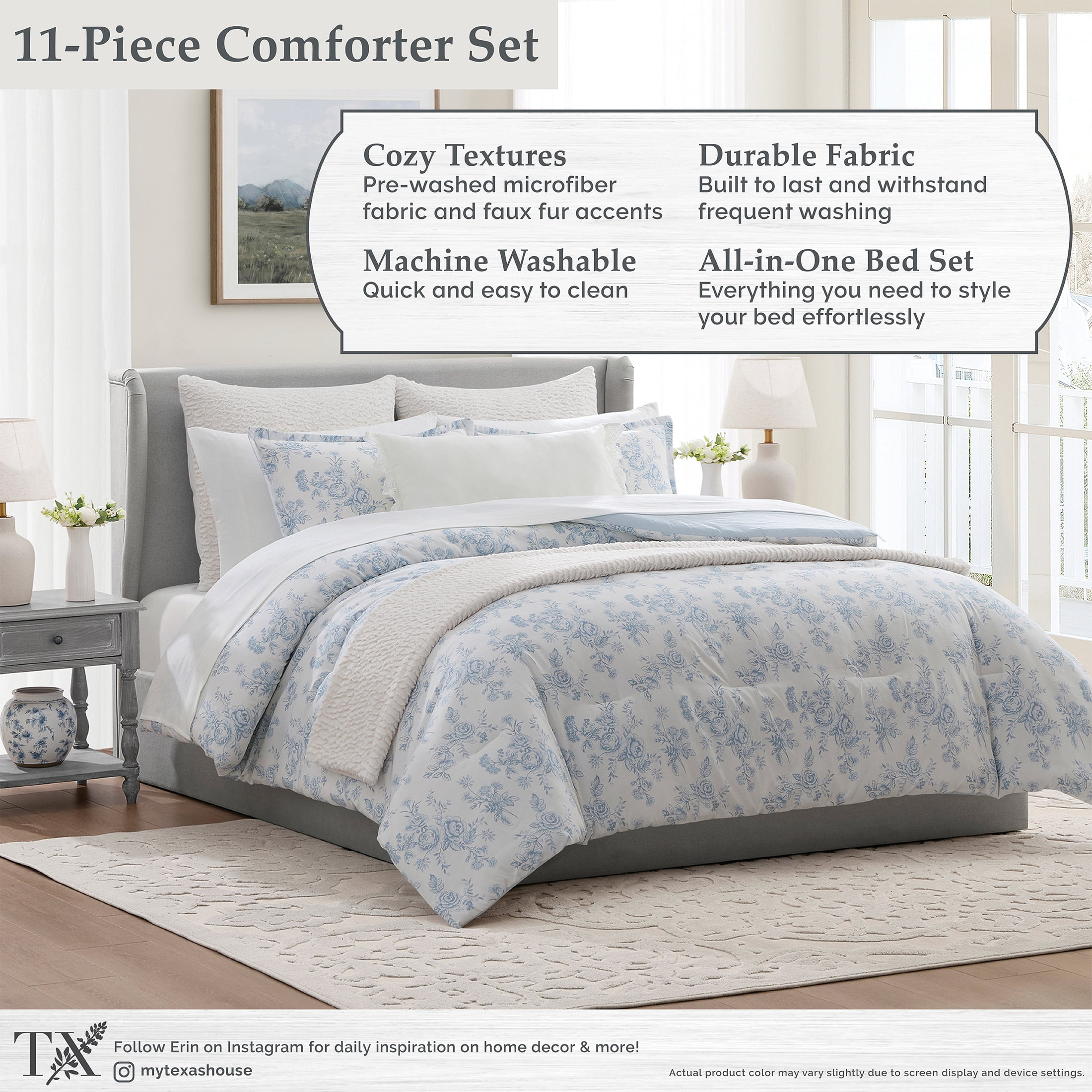 My Texas House Floral 11-Piece Comforter Set with Sheets, Blue, Queen