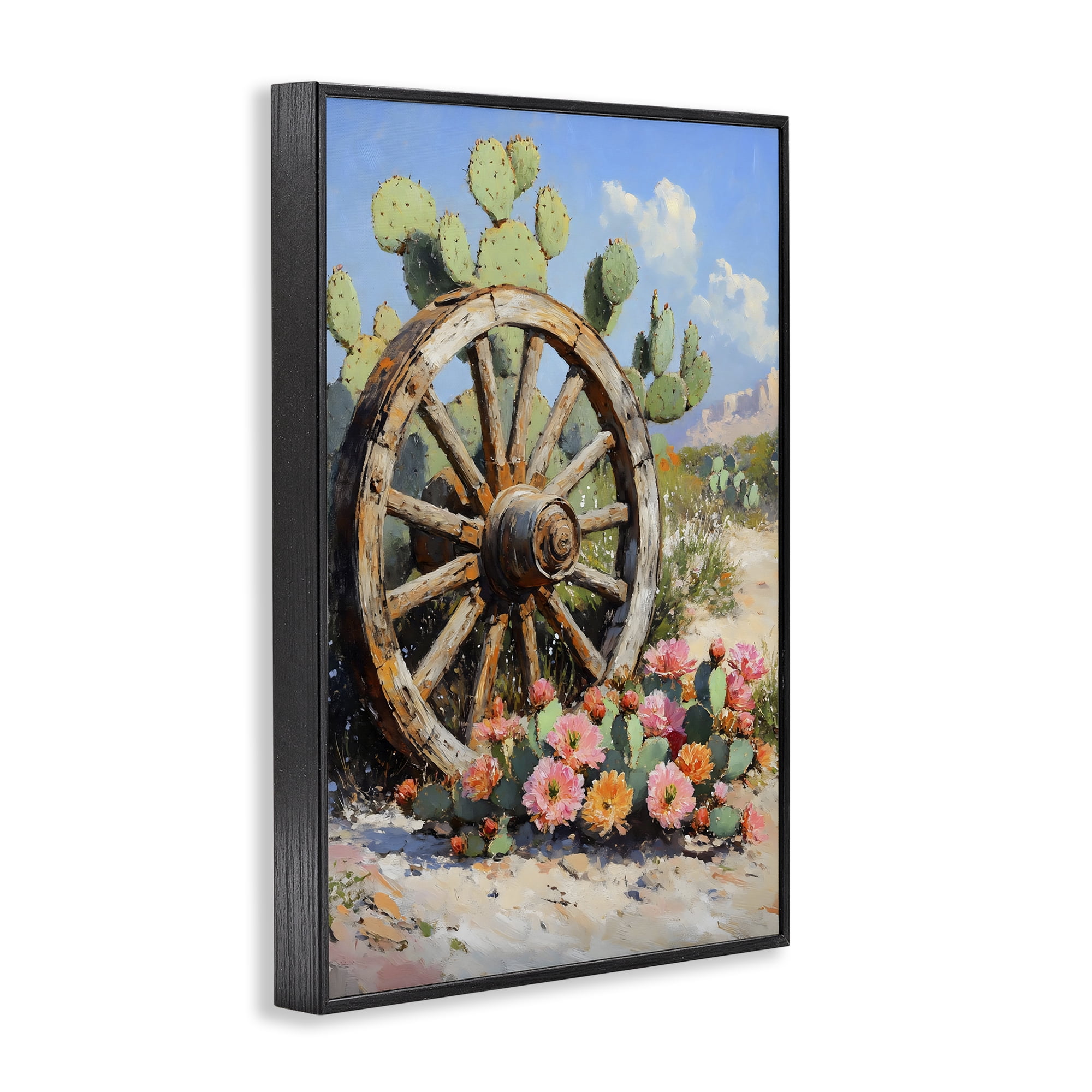 Stupell Industries Wagon Wheel Among Cactus Black Framed Giclee Art, design by Franklyn Gregory